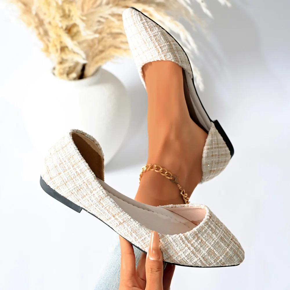 Fashion Women Ballet Flats Pointed Toe Slip-On Woven Fabric Ladies Casual Office Dress Shoes Cut Out Flat Spring Autumn Walking