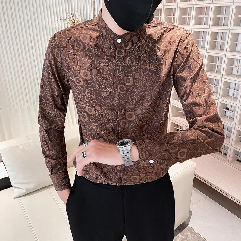 

Autumn Elegant Flower Jacquard Shirts for Men Luxury Korean Long Sleeve Mens Floral Shirt Wedding Prom Slim Fit Male Dress Shirt