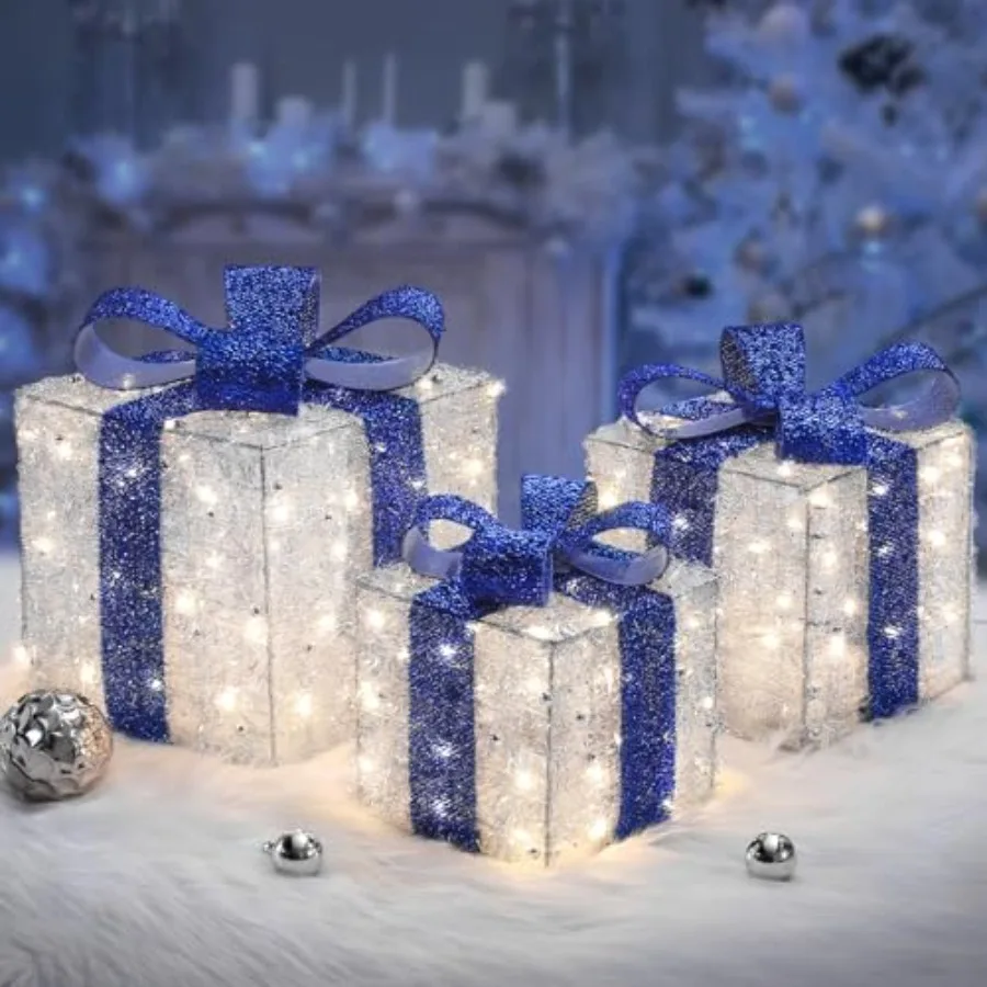 

Blue Christmas Decorations, Christmas Lighted Gift Boxes 140 LEDs Light Up Presents Christmas Decor, 8 Modes and Timer Function