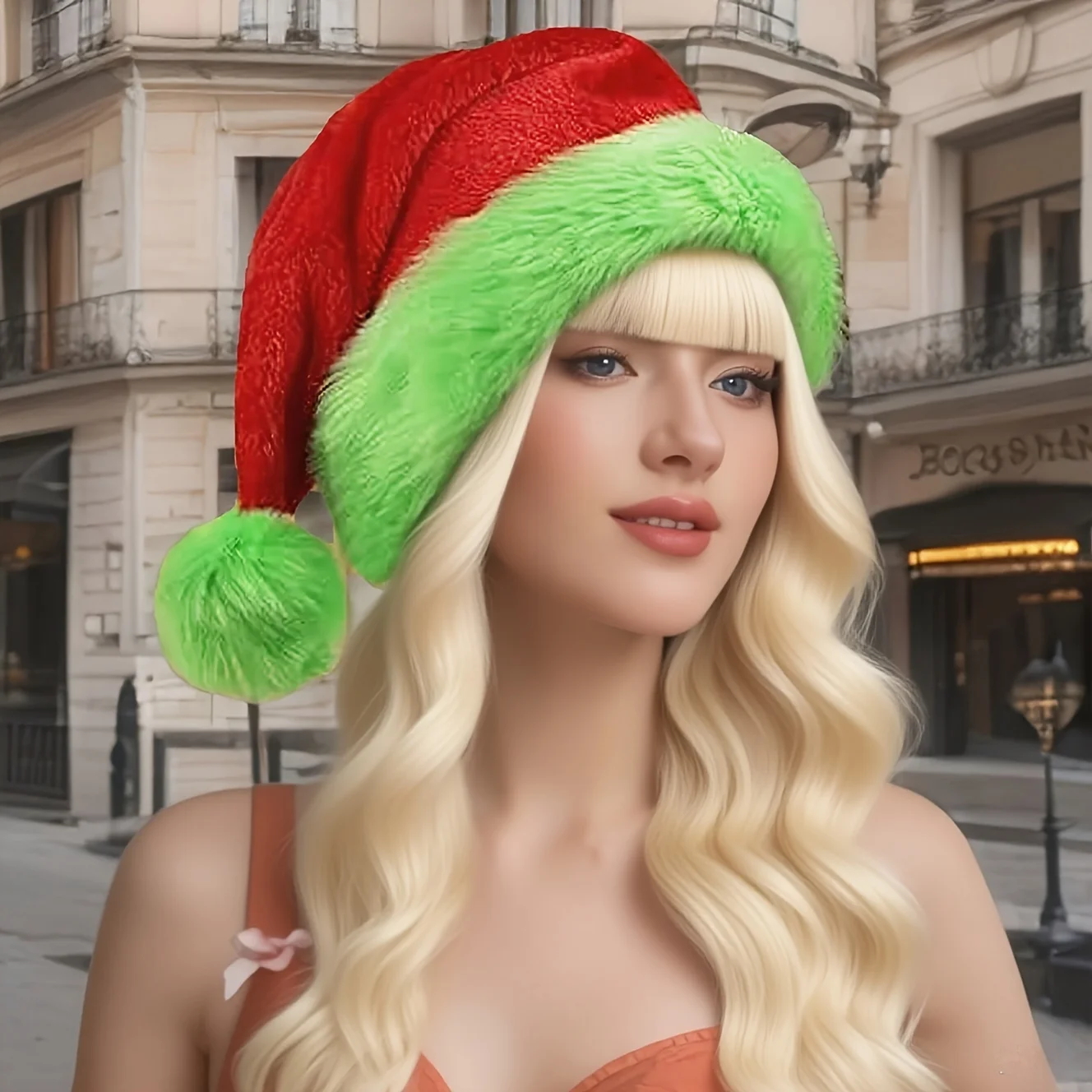 Gorro de Santa Claus Rojo con Borde Verde Fluorescente, de Felpa, Doble Aislamiento, Material Suave, Decorativo para Fiestas Navideñas