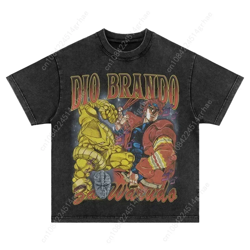 Anime JoJos Vintage Washed Steel Ball Run Short Sleeved Round Neck Y2k Tshirt Men Clothing New in Top & Tees Mens T-Shirt 61393