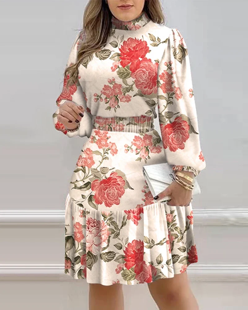 Herbst Frauen Floral Print Geraffte Rüschen Kleid 2022 Femme Casual Laterne Hülse Robe Büro Dame Kleid Outfits Onkogene Vestid