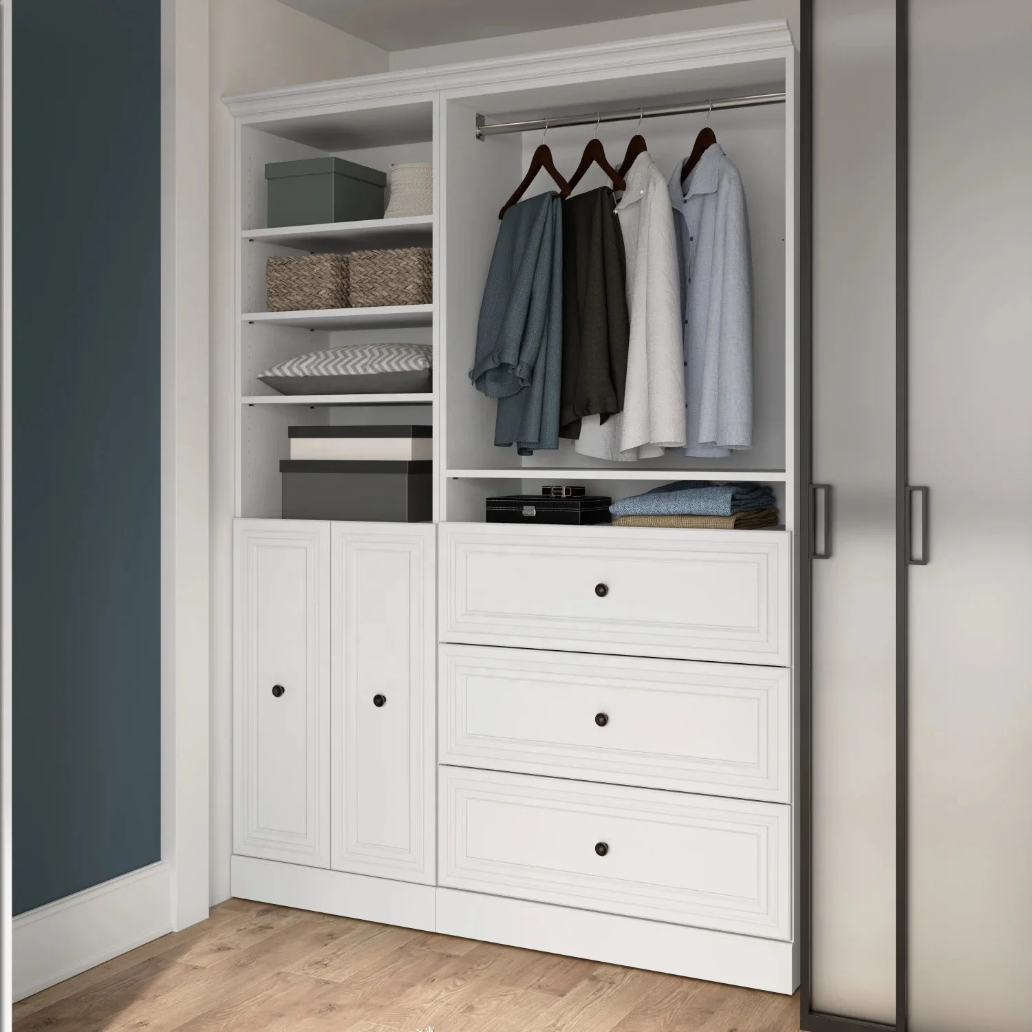 Custom Modern Modular Open Wardrobe With Adjustable Shelf MDF Melamine Board Double Edge Shaker Design Small Entrance Closet