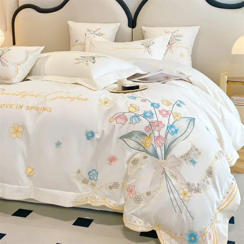 Svetanya Butterfly Flowers Embroidery Egyptian Cotton Bedding Set 4pcs King Queen Size Sheet Comforter Cover Pillowcase Bedlinen