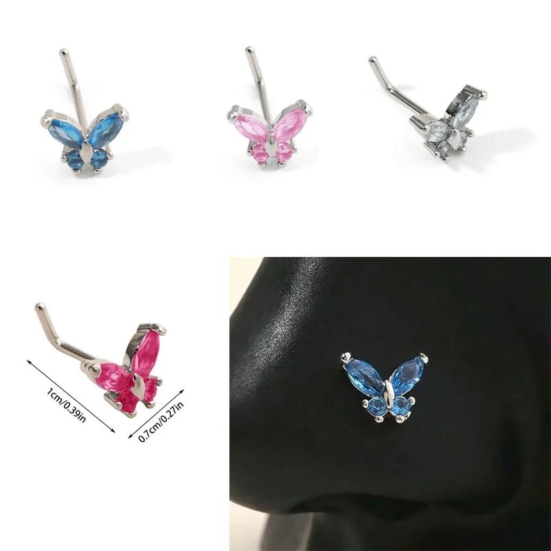 Women 20G L Bend Nose Piercing Stud Single Pack, Blue Butterfly Flower Screw Nose Ring Present for Mother & Valentine Holiday