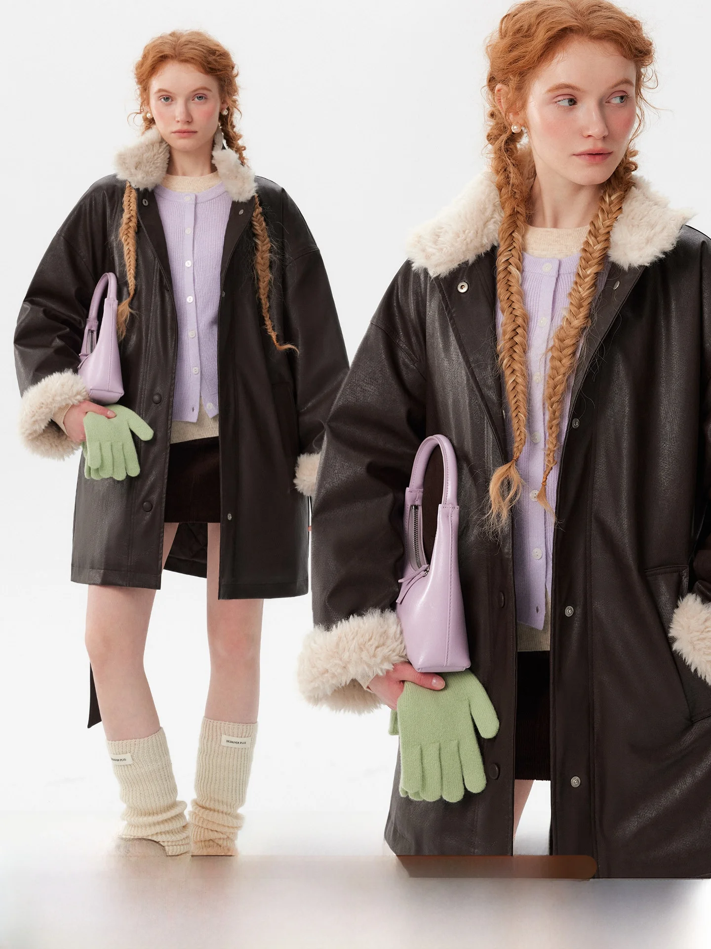  plus Contrast Color Fur Collar Patchwork 90 Fur Leather Jacket Mid-Length Belted Women's Commute Style Warm Coat