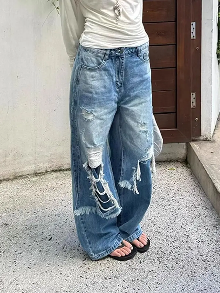 

Streetwear Trashy Vintage Ripped Jeans Women Patchwork Fit Y2K Wide Leg Pants American Retro Baggy Hollow Out Denim Trousers