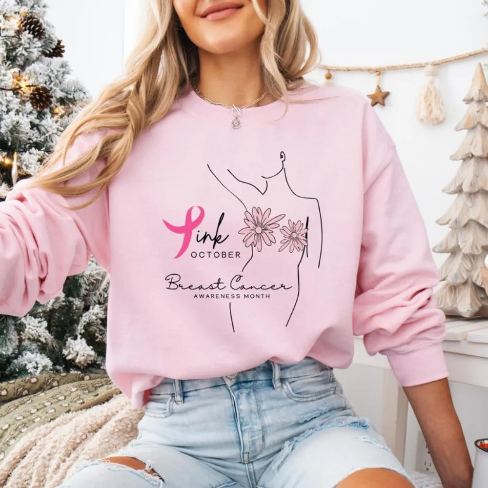 Rosa Oktober-Sweatshirt mit Gänseblümchen-Grafikdruck, Damenbekleidung, Brustkrebs-Bewusstseinsmonat-Sweatshirts, Krebs-Krieger-Kleidung