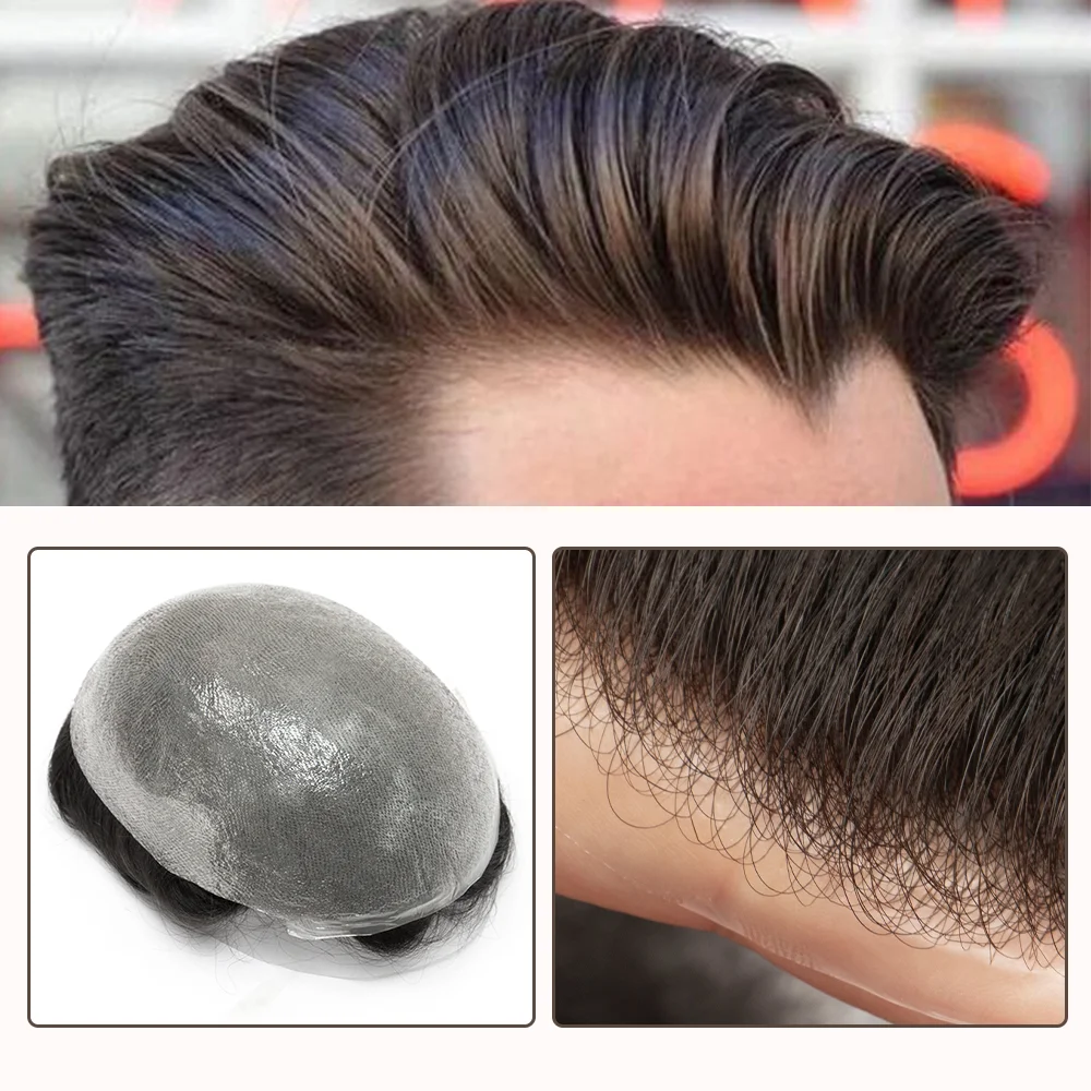 Ultra Thin Skin 0.03mm Men's Capillary Prosthesis Human Hair System Wigs Men Toupee 90% Density V Loop Human Hair Toupee For Men