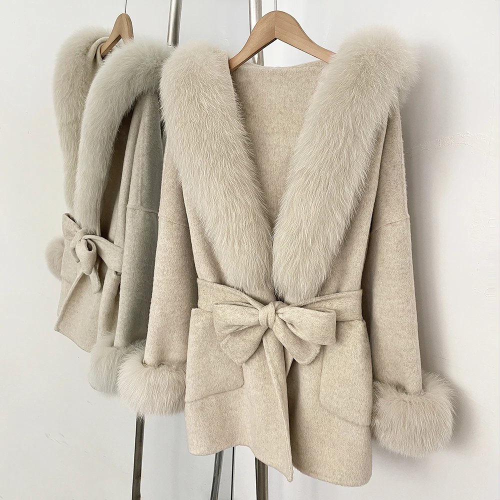Women's Woolen Coat Hooded Real Fox Fur Jacket Wool And Tre…