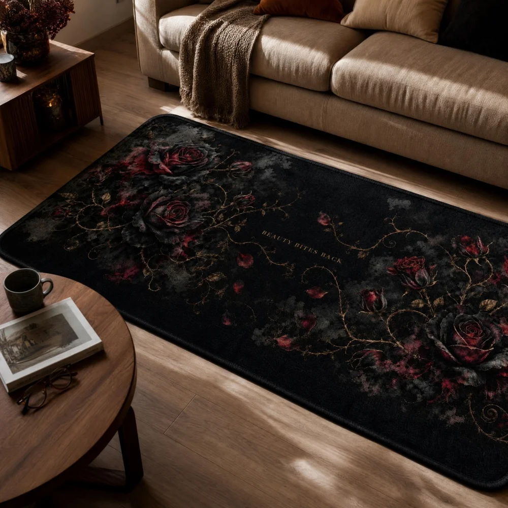Dark Gothic Red Rose Flannel Runner Rug, Black Background Vintage Thorn Vine Floral Pattern Long Floor Mat, Non Slip Decor Rug