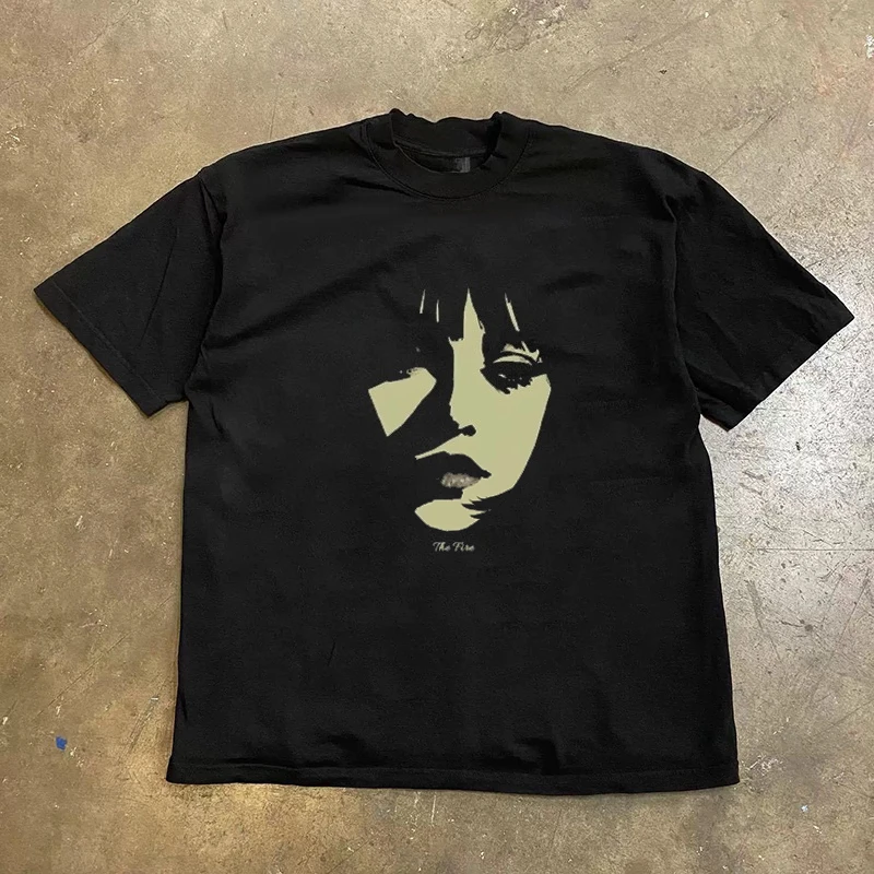 2026 New Art Block‑Split Female Portrait Retro Graphic Harajuku Style Cotton T Shirt