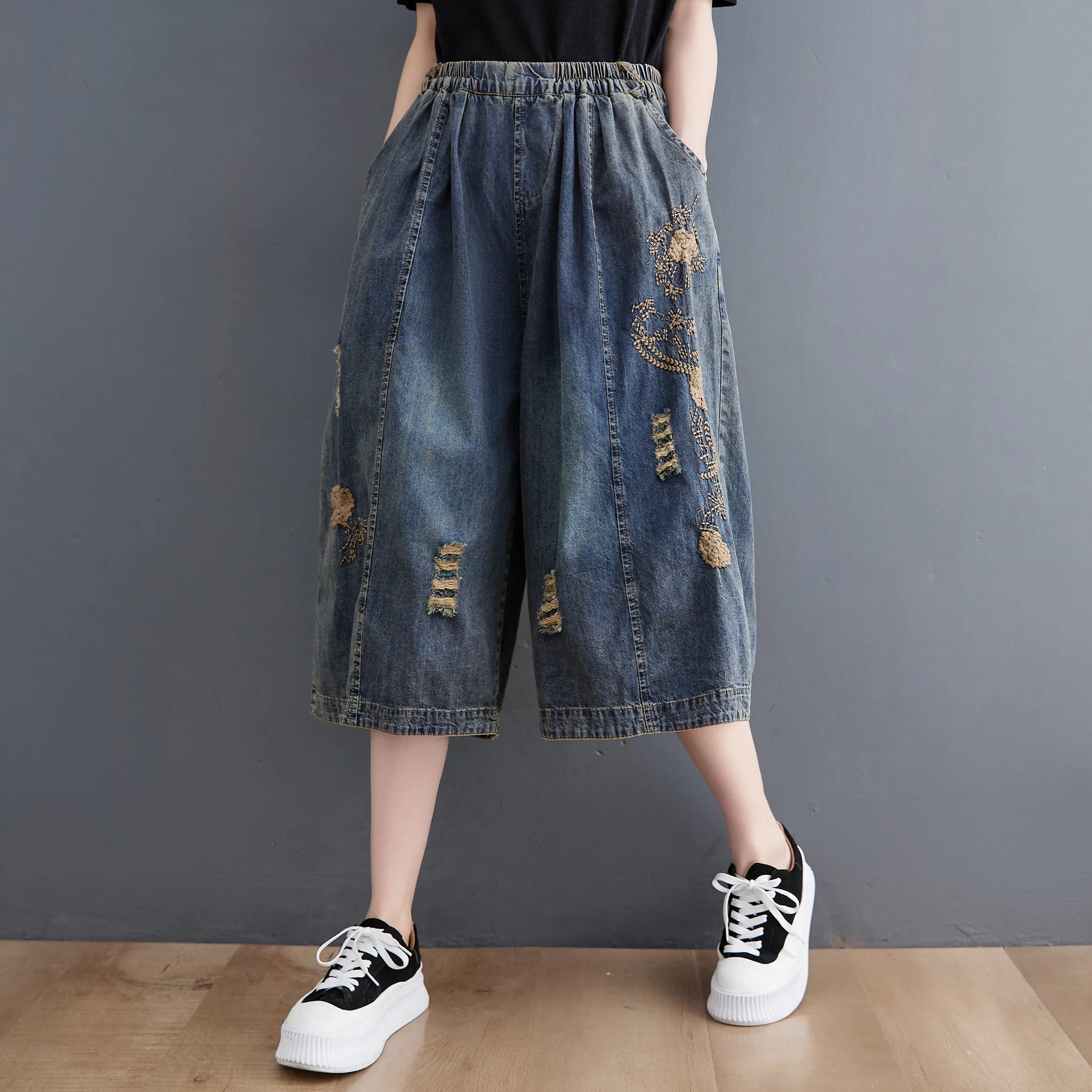 Plones vaqueros de talla ande de pierna ancha para mujer, novedad de verano, hoados, bordados, longitud 7/8, falda ve...