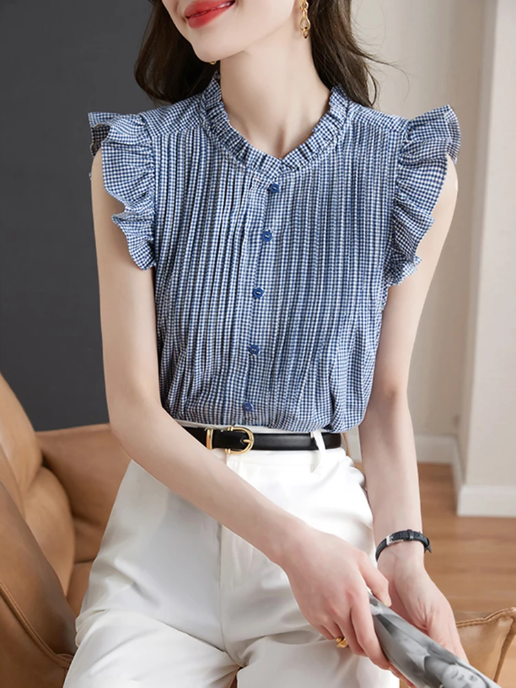 

Blue Plaid Flying Sleeve Sleeveless Shirt Casual Commuting Women's Shirt 2025 Summer New Korean Fashion Ruffle Edge Chic Tops