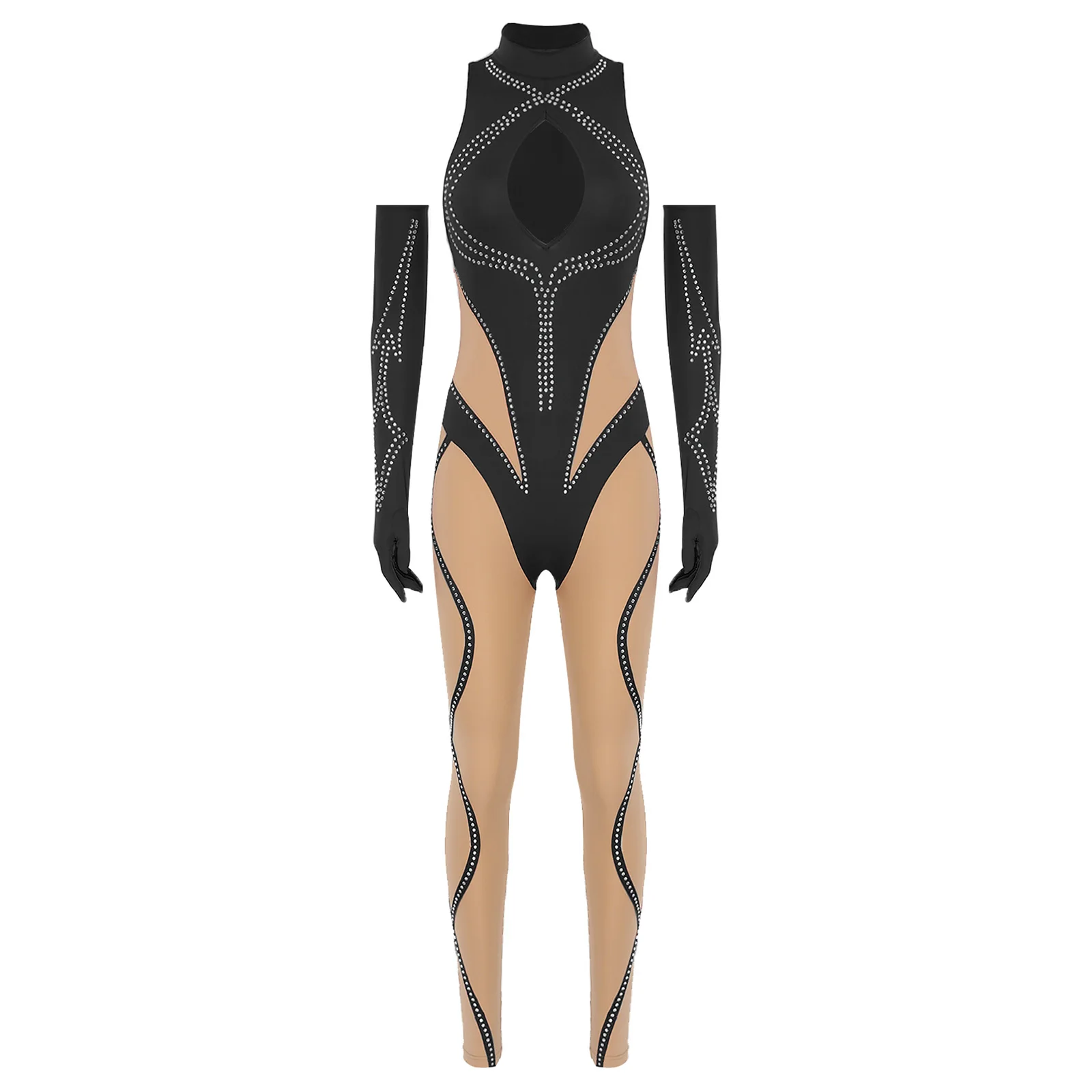 Setelan Jumpsuit Senam Wanita Berkilauan dan Sarung Tangan Panjang Berjari Penuh, Romper Tanpa Lengan Model Slim untuk Yoga dan Figure Skating