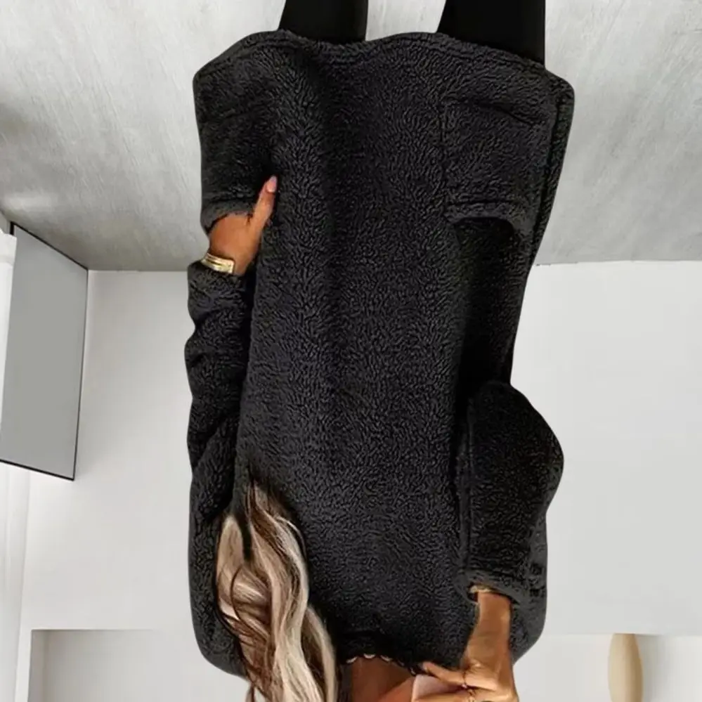 

Lady Winter Sweatshirt with Dual Pockets Plush Round Neck Loose Mid Length Pullover Top Casual Office Party Workout Sweatshirt