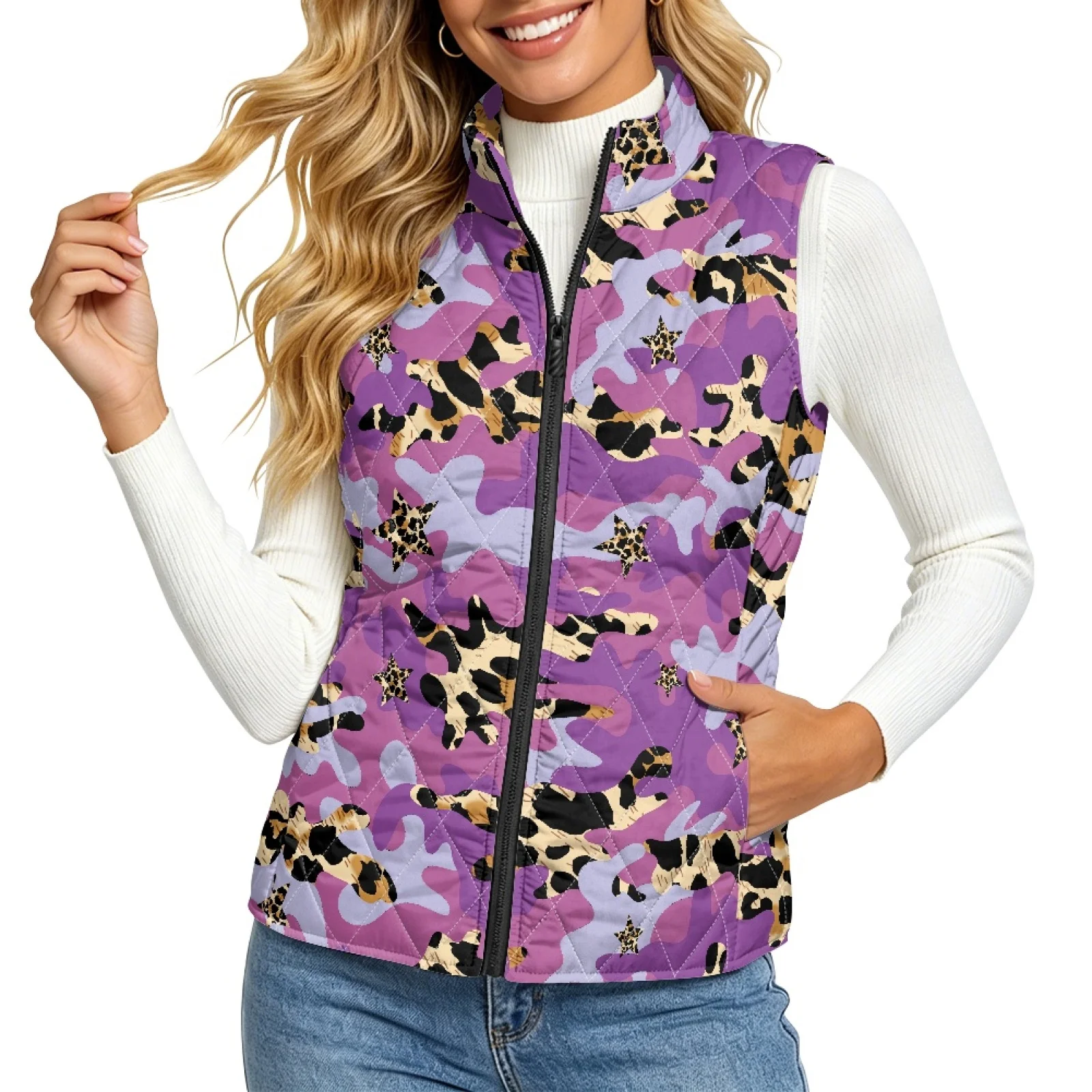 PENSTROLL Purple Leopard Camo Women's Quilted Vest Lightweight Quilted Jacket Vest Outdoor Activity Vest Women for Fall Running
