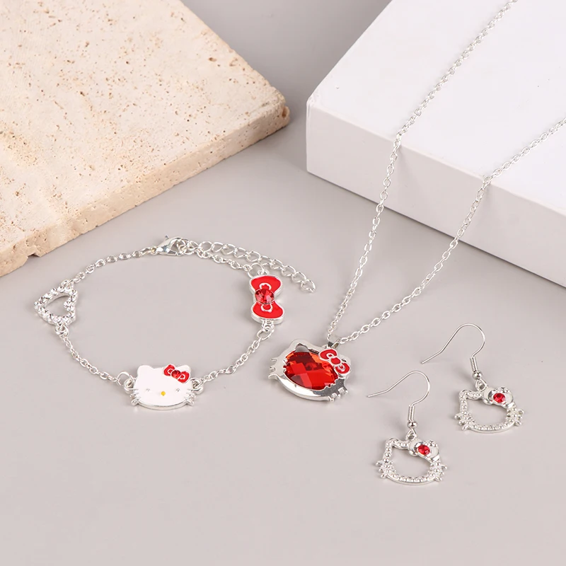 Sanrio Hello Kitty Bracelet Necklace Earrings Ruby Jewelry Set Accessories Fashion Decorate Delicate Wild Simple Girlfriend Gift