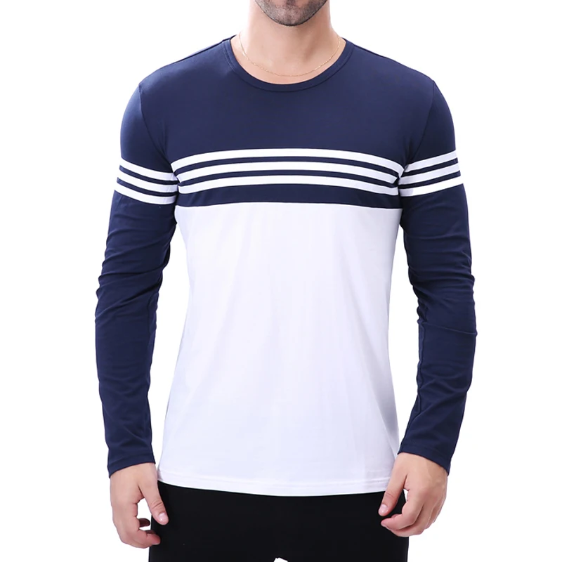 Men\'s Striped Patchwork Long Sleeve T Shirt Casual O Neck Color Block Top Tees