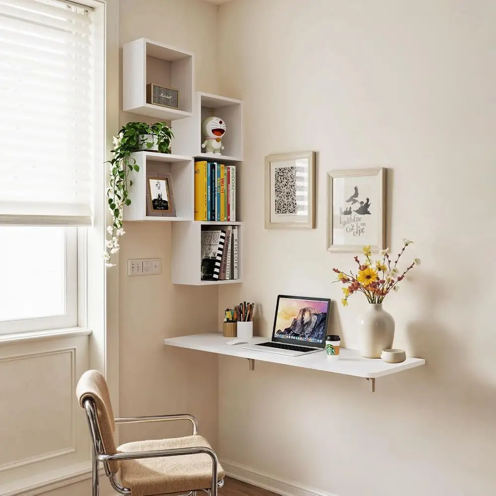 مكتب حائط متعدد الوظائف موفر للمساحة مع أوراق متدلية ورف كمبيوتر محمول عائم وتخزين للمكتب المنزلي باللون الأبيض الرمادي