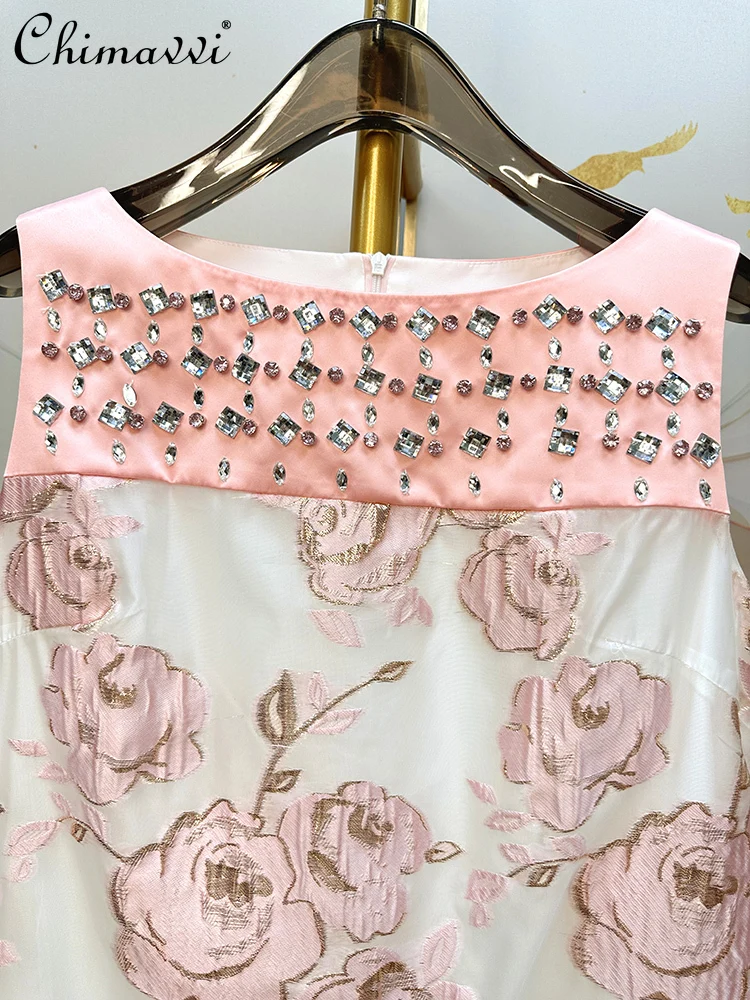 High-end Organza Handmade Diamond Bronzing Embroidered Flower Sweet Dress Summer New Round Neck Slim-fit Elegant Dresses