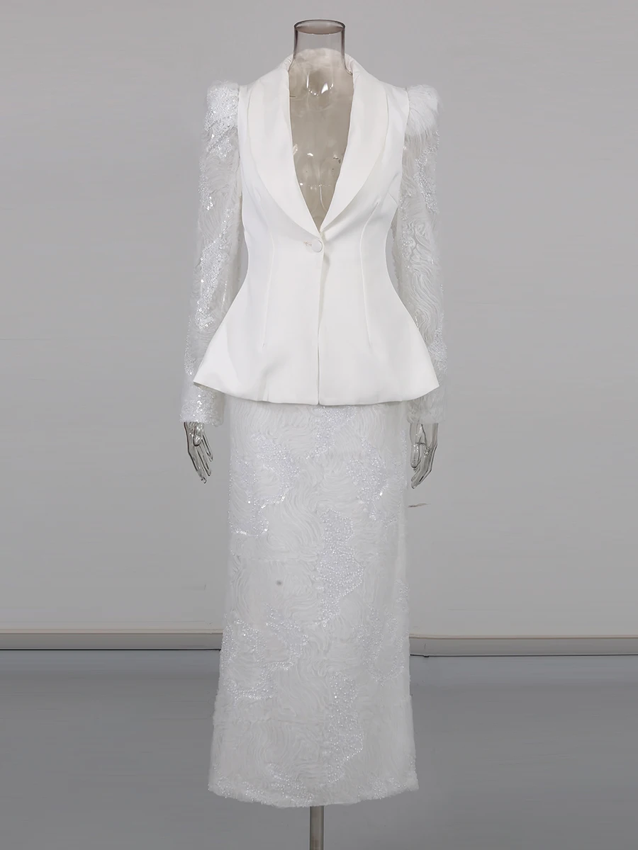 TWOTWINSTYL solide épissé paillettes deux pièces ensembles pour femmes revers manches longues tunique veste taille haute jupe élégant ensemble femme