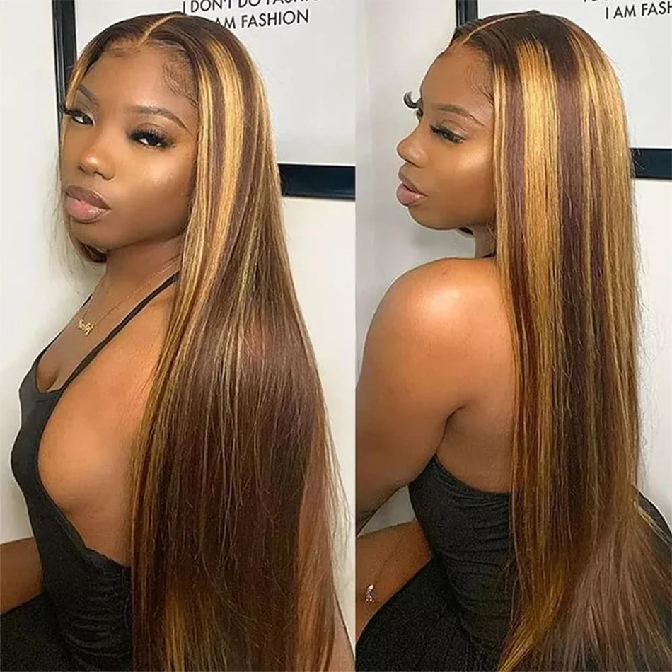 Highlight Brown Straight Colored Lace Front Human Hair Wigs For Women Honey Blond 13x4 Pre Plucked Transparent lace Frontal Wig