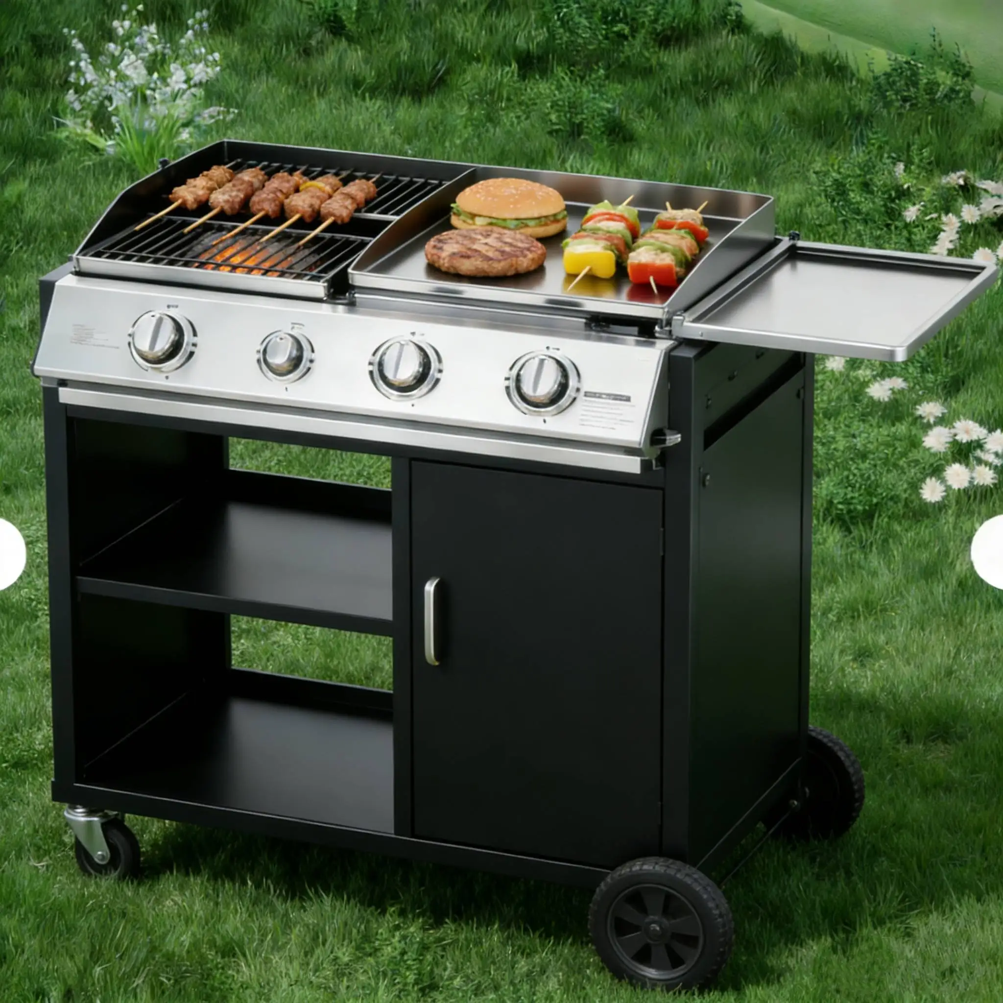 Modern Outdoor Kitchen Trolley Moveable Charcoal BBQ 3 Burner Folding Camp Picnic Grill Powder Coated Cooking Equipment