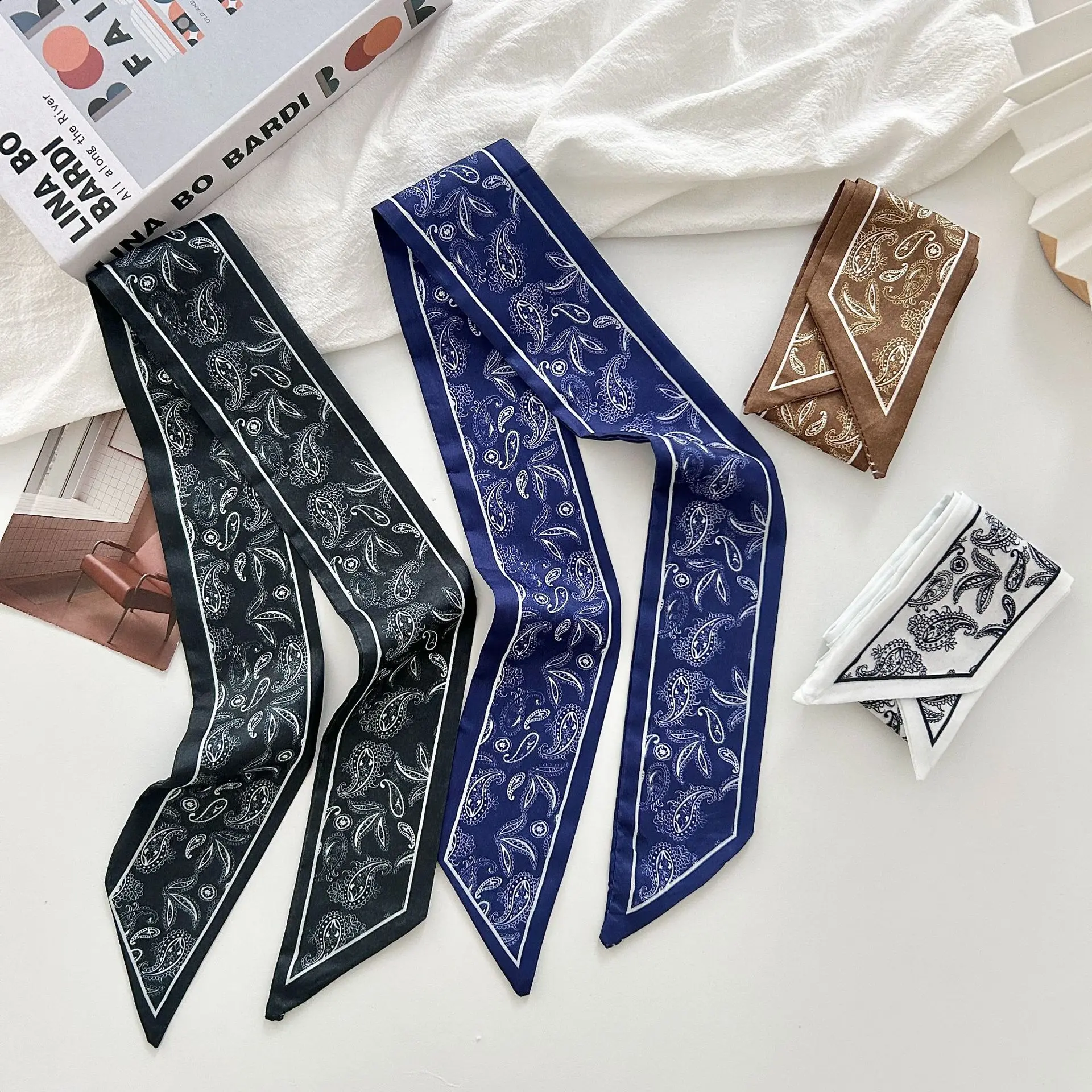 Scarf Vintage Paisley Print Long Skinny Satin Wrap Decorative Hair Band Bag Tie Belt Neck Scarf Lightweight for Women Travel
