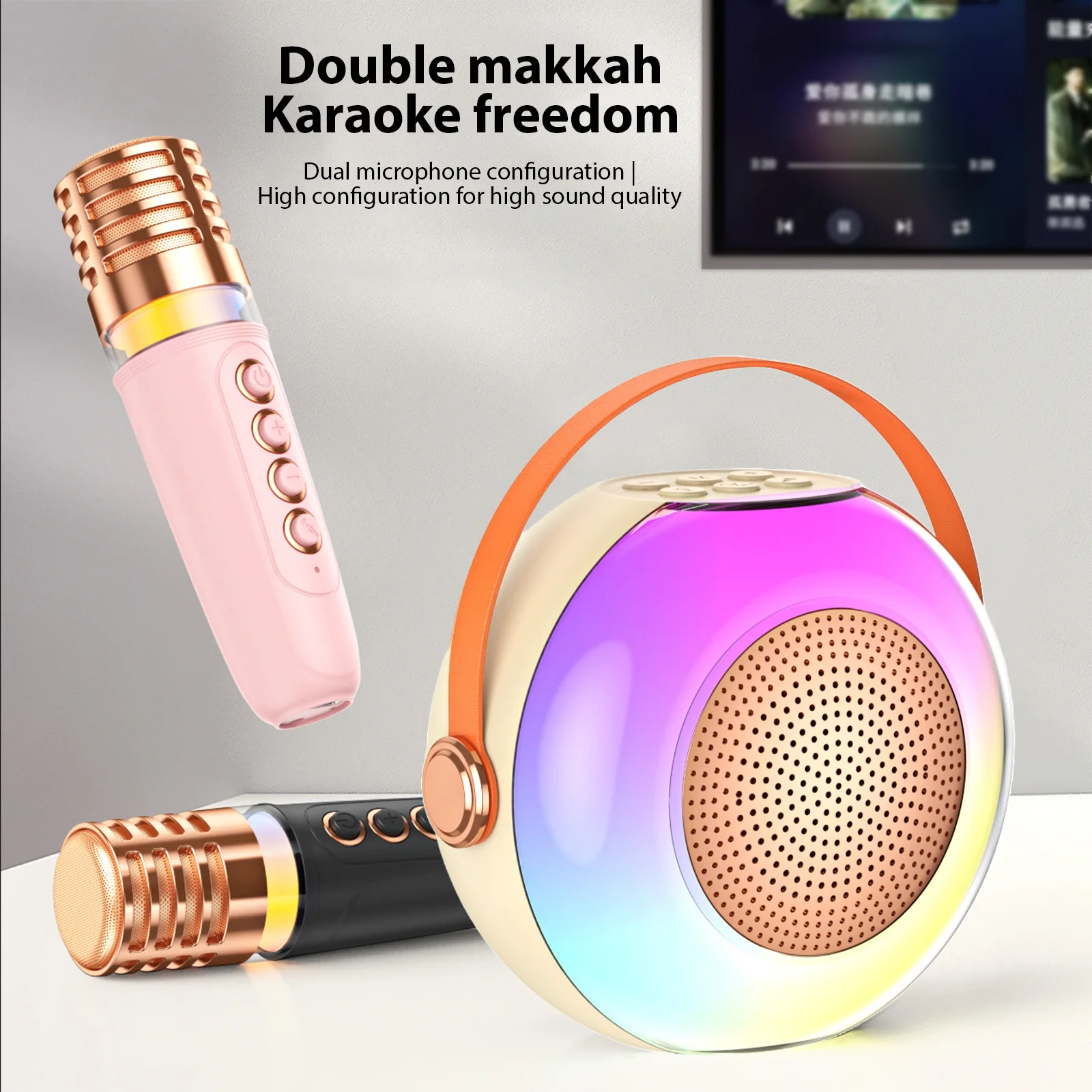 2つのワイヤレスマイク,Bluetoothマイク,KTVスピーカーセット,RGBライトエフェクト,音声制御システムを備えたカラオケマシン