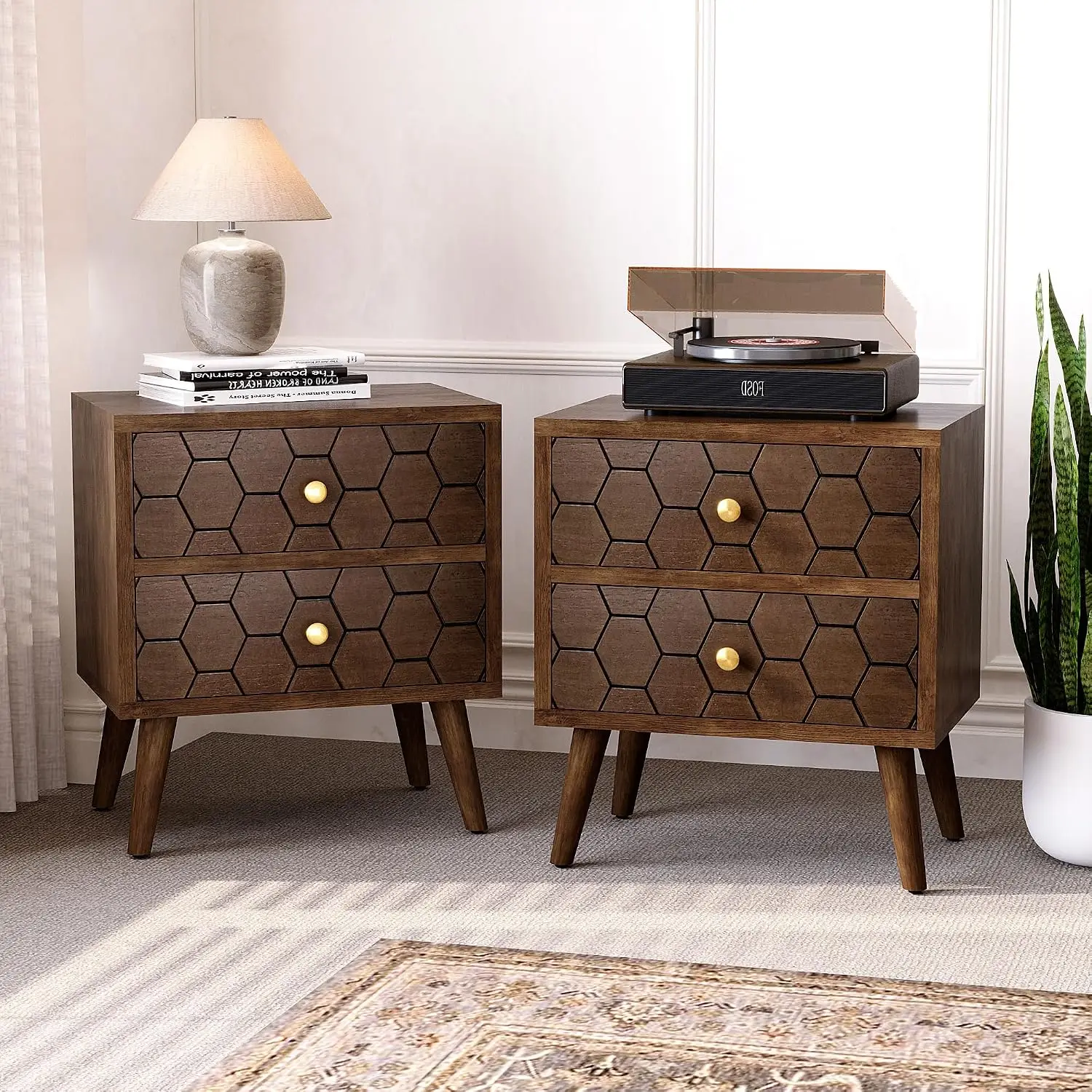 Wood Nightstand Set of 2 with Drawers Honeycomb Pattern Small Dresser Bedside End Table Solid Wood Legs Bedroom Dorm, Customized