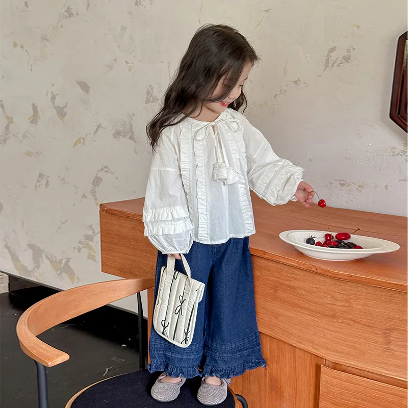 Blouses Autumn Childrens Clothing Girl White Shirt Puff Sleeve Children Shirt Long Sleeves Tops Open Stitch 2024 Loose Sweet