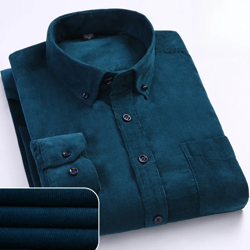 Plus Size S~6XL Corduroy Shirt Men Casual Long Sleeve Regular Fit Business Dress Shirts For Male Soft Leisur Comfortable Pocket