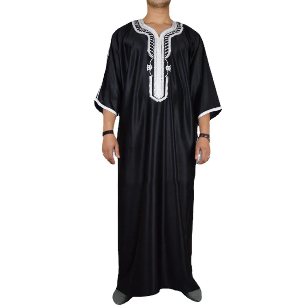 Muslim Men Clothing Kaftan Robes Black Fashion Eid Thobe Kurta Arab Turkish Dress Dubai Islam Habit Ethnic Leisure Musulman Wear