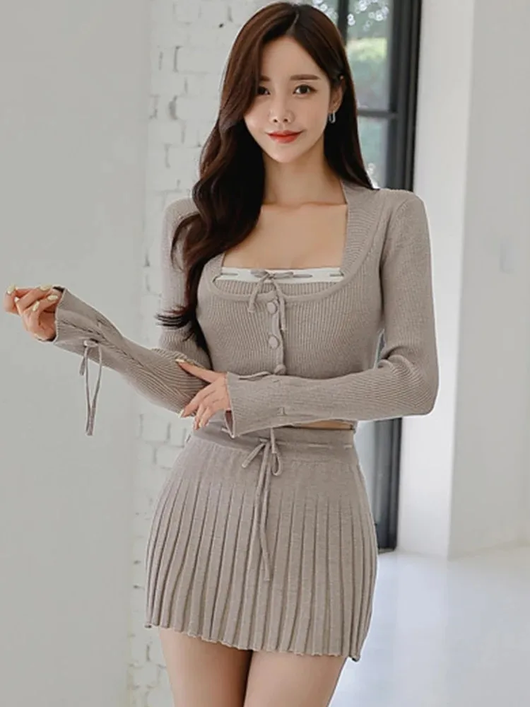 2024 Spring Y2k Knitting Cardigan 3 Pieces Set Women Camisole+ Pleated Skirts Sets Streetwear Hotsweet New In Matching Sets