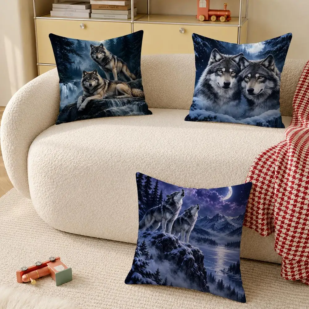 Wolves In Moonlit Forest  Snow Cushion Cover Pillow Case Organic Short Plush Cushion Covers Washable Wrinkle-Resistant