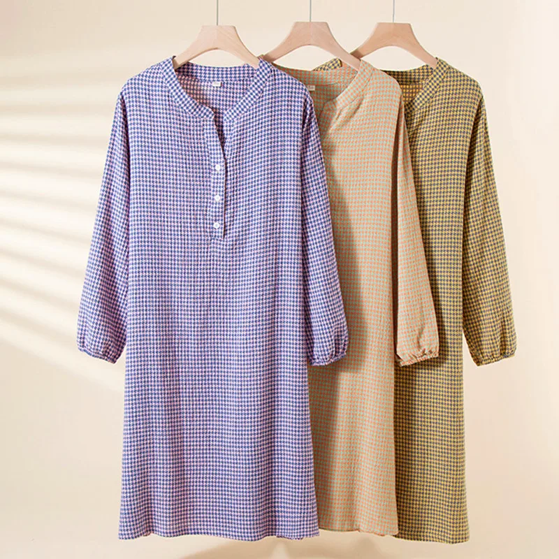 

Повседневные свободные ночные рубашки для женщин, рубашка для сна с длинными рукавами, весенне-осеннее ночное платье, одежда для сна из 100% хлопка, женская ночная рубашка