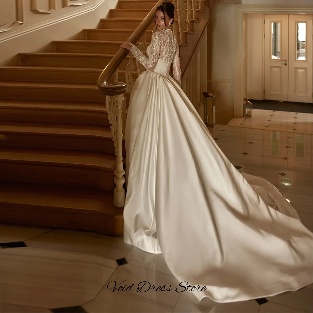 Robe de mariée classique à manches longues et col rond, personnalisée, avec des appliques exquises en dentelle, Vestido De Novia, robe de mariée en satin charmante
