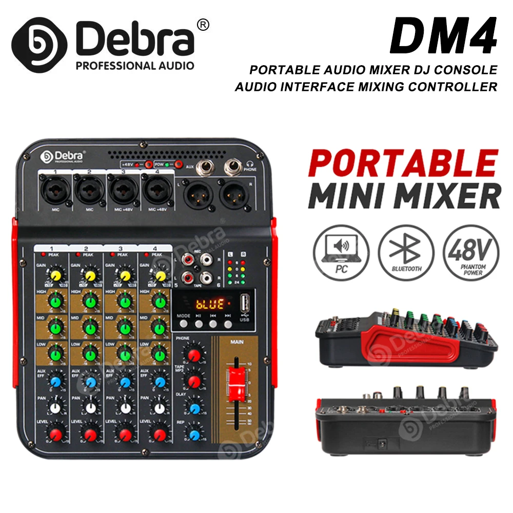 جهاز مزج الصوت Debra DM4 ذو 6 قنوات، وحدة تحكم DJ مع طاقة فانتوم 48 فولت، بلوتوث، تسجيل USB للحانات، استوديوهات التسجيل
