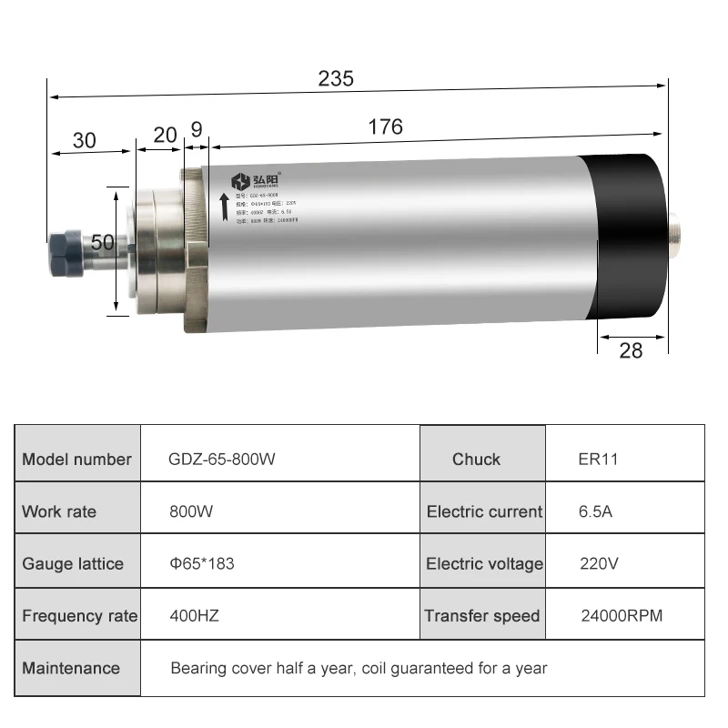 800W 220V Air-Cooled Spindle Motor ER11 0.8KW Diameter 65mm 4 Bearings Used For CNC Router Engraving Milling DIY