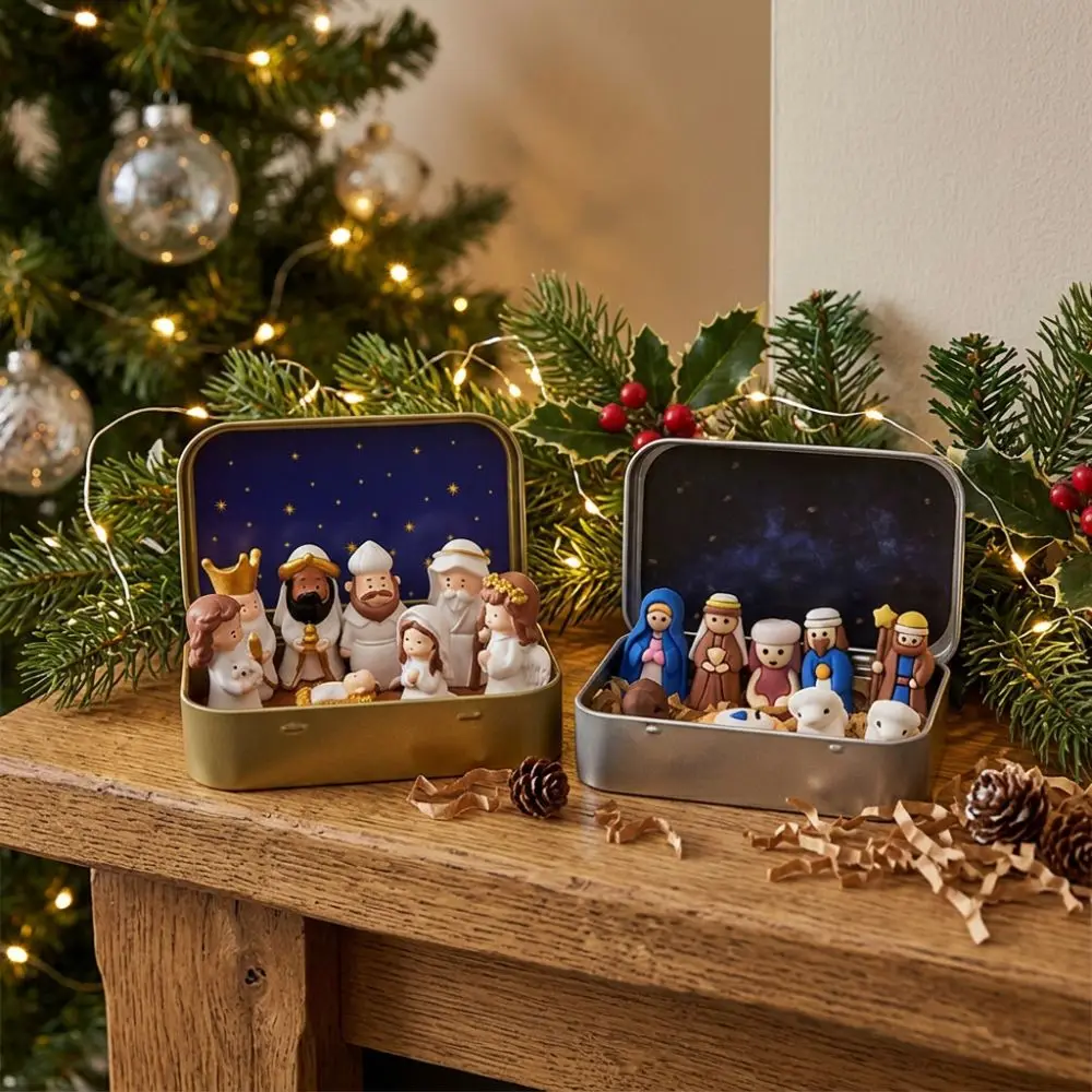Holy Family Nativity Manger Scene Kit Hand Painted Star Liner Mini Christmas Nativity Set Shepherd Animal Cartoon