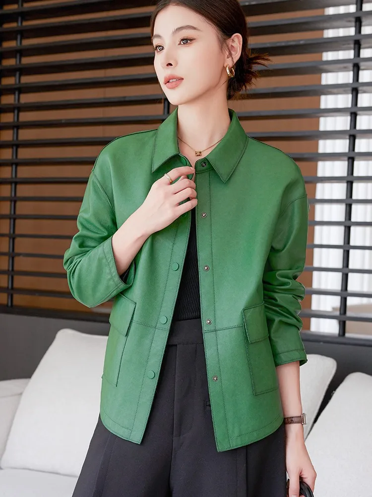 Giacca da donna in vera pelle monopetto casual manica lunga moda primavera autunno ufficio cappotto di pelle di pecora tinta unita