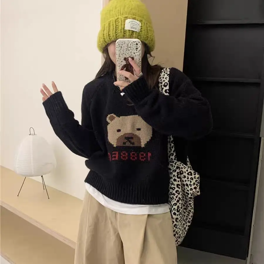 Autumn Winter New Round Neck Teddy Bear Jacquard Plush Thick Sweater Women\'s Lazy Style College Style Loose Knit Sweater Top