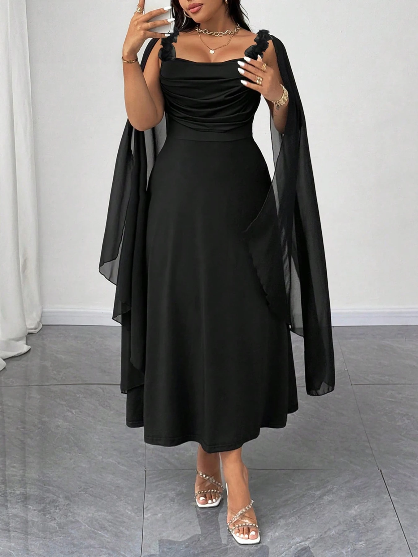 Vestido de talla grande para mujer, vestido de gasa con cuello tipo capa, vestido midi fruncido, ropa elegante y chic, vestidos para fiesta de primavera y verano