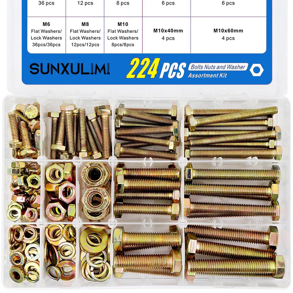 

Этот набор из 224 прочных болтов и гаек размеров M6, M8 и M10 (88 штук) включает 8 распространенных размеров и подходит для ремонта бытовой техники.