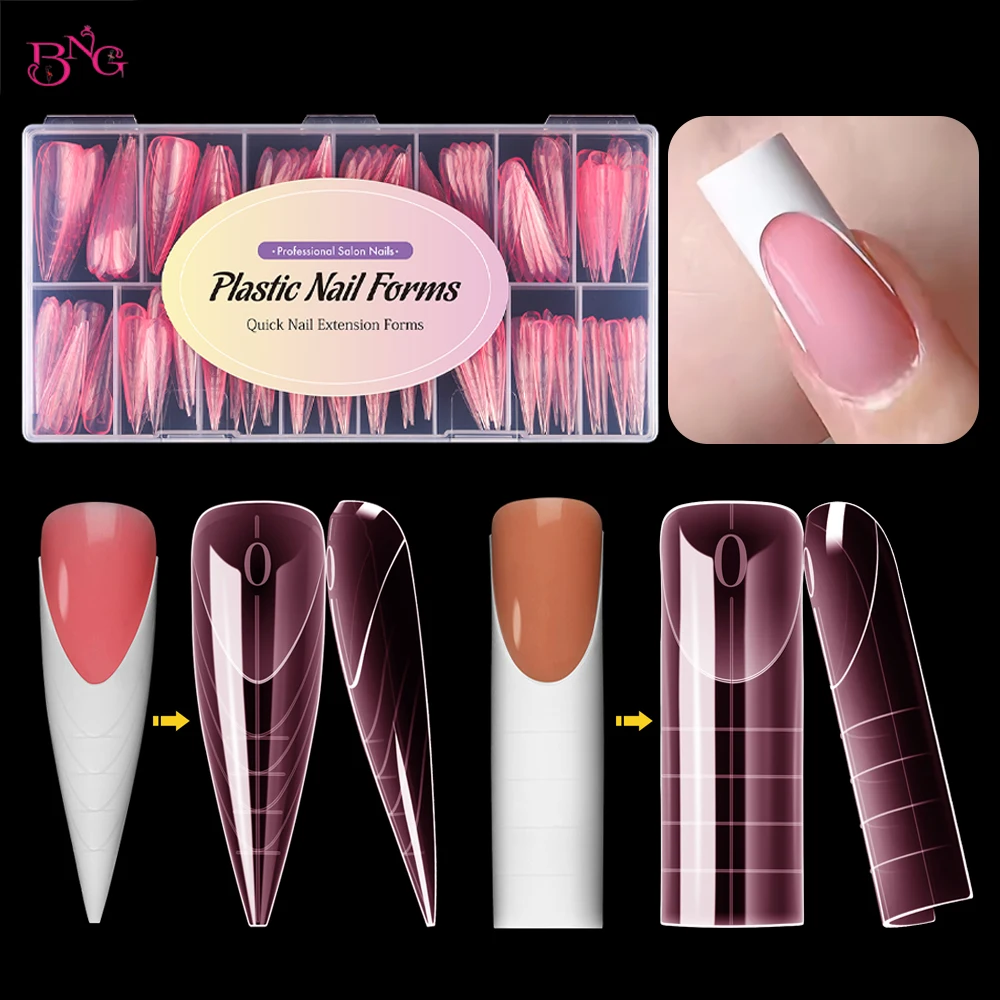 

BNG 150Pcs French Dual Forms Square Almond Reusable Nail Molds with Smile Lines for Poly Extension Gel Thin Soft Nail Forms