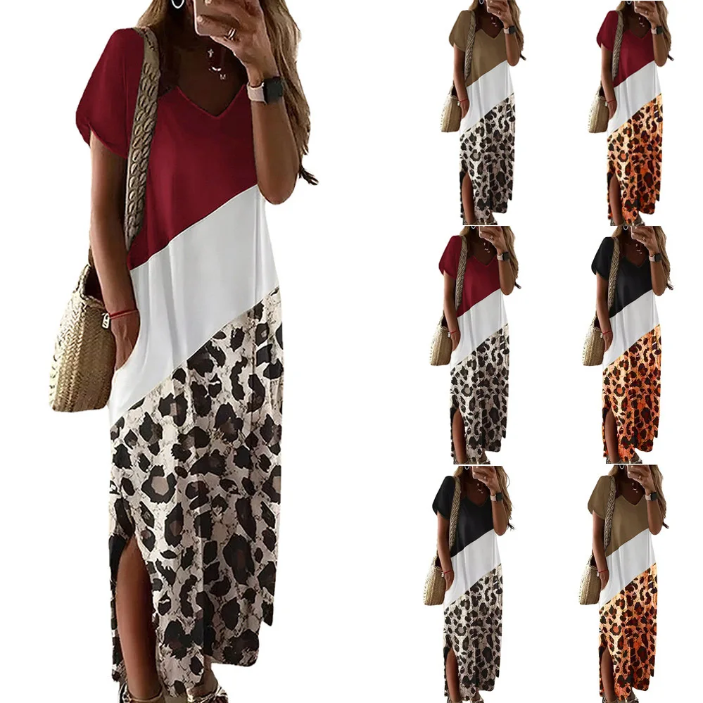 

Women New Loose Floral Vintage Leopard Split Ruffles Befree Big Large Sexy Dress Large Big Summer Party Elegant Maxi Dresses 5XL