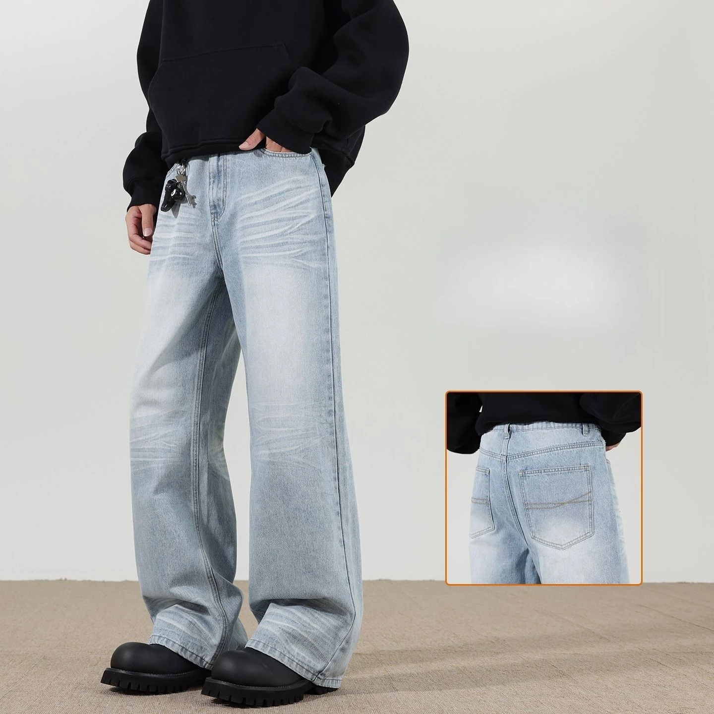 American Retro Crack-washed Distressed Lightning-shaped Flared Jeans High Street Loose Jeans for Both Men and Women Man Pants