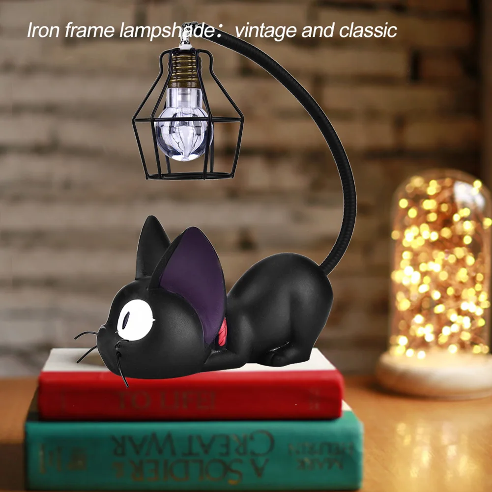 ZK50  Cute Black Cat Night Light Resin Craft Desktop Lamp Room Table Decoration Gift (Black Eyes)