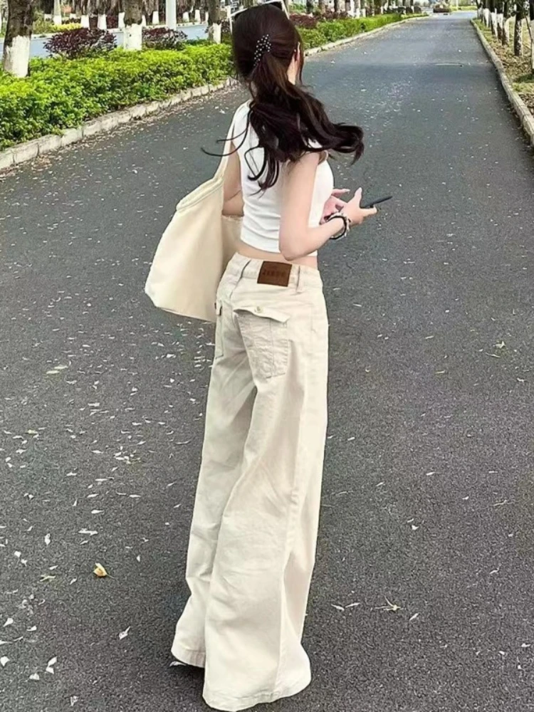 Women Beige Mid Waist Wide Leg Jeans Back Button Flap Pockets Floor Length Denim Pants Solid Casual Straight Trousers Soft Daily